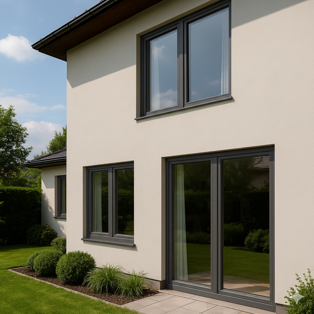 Wohnhaus mit schwarzen Fenstern und schwarzer Terrassentür in der Fassade