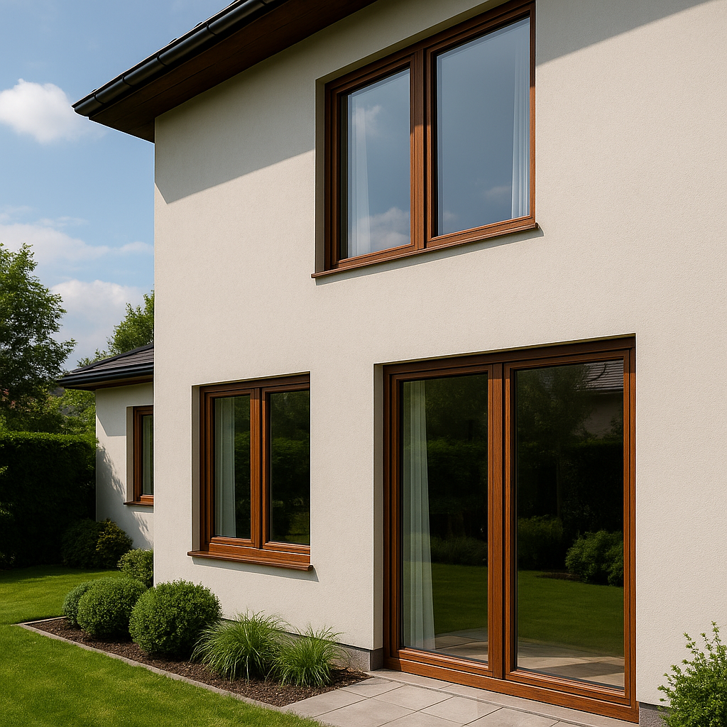 Wohnhaus mit Holzfenstern und Holz-Terrassentür in der Fassade