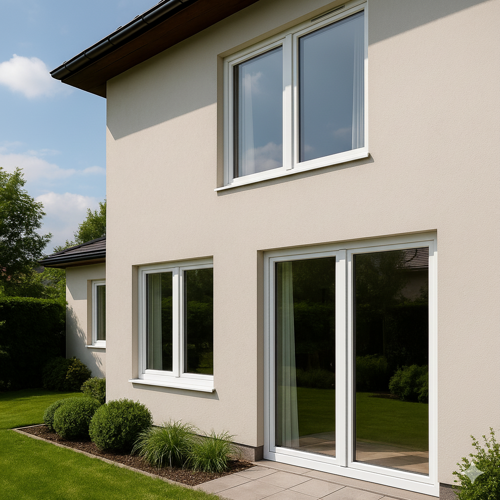 Wohnhaus mit weißen Fenstern und weißer Terrassentür in der Fassade