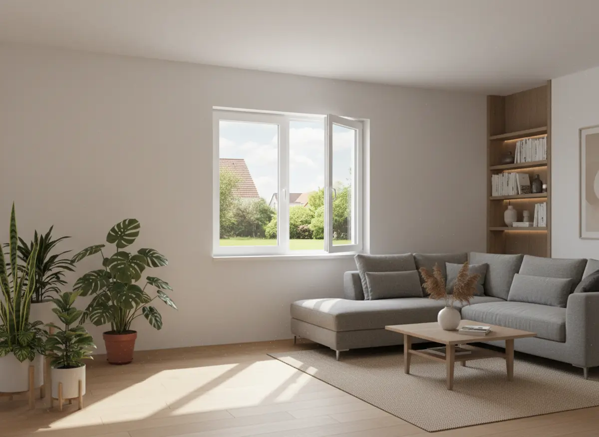 „Geöffnetes Stulpfenster in einem modernen Wohnzimmer mit viel Tageslicht und freiem Ausblick in den Garten.“