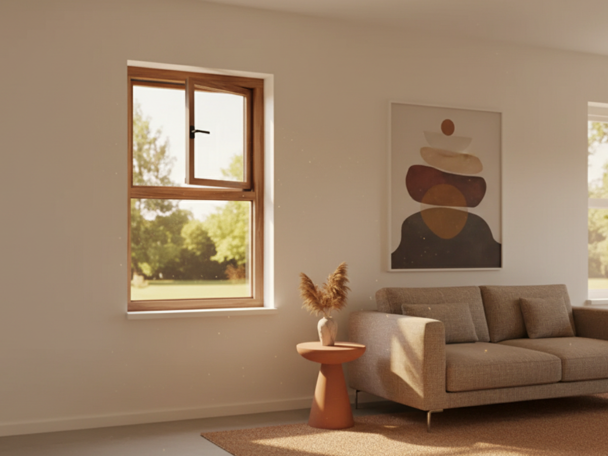 Holz-Dreh-Kipp-Fenster mit festverglastem Unterlicht im wohnzimmer