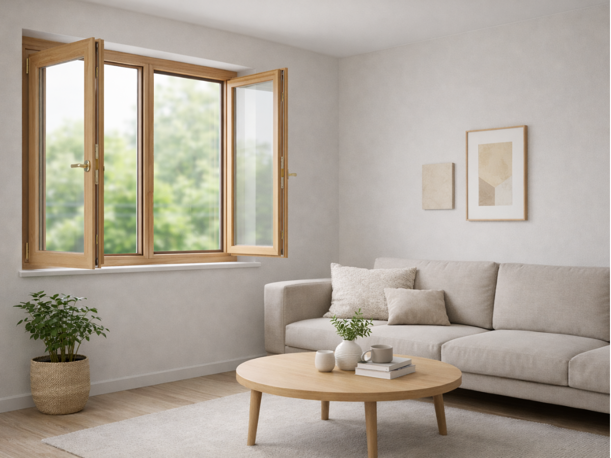 Holzfenster holzfarben mit Holzrahmen, dreiteiliges Fenster mit geöffnetem Flügel im hellen Wohnzimmer