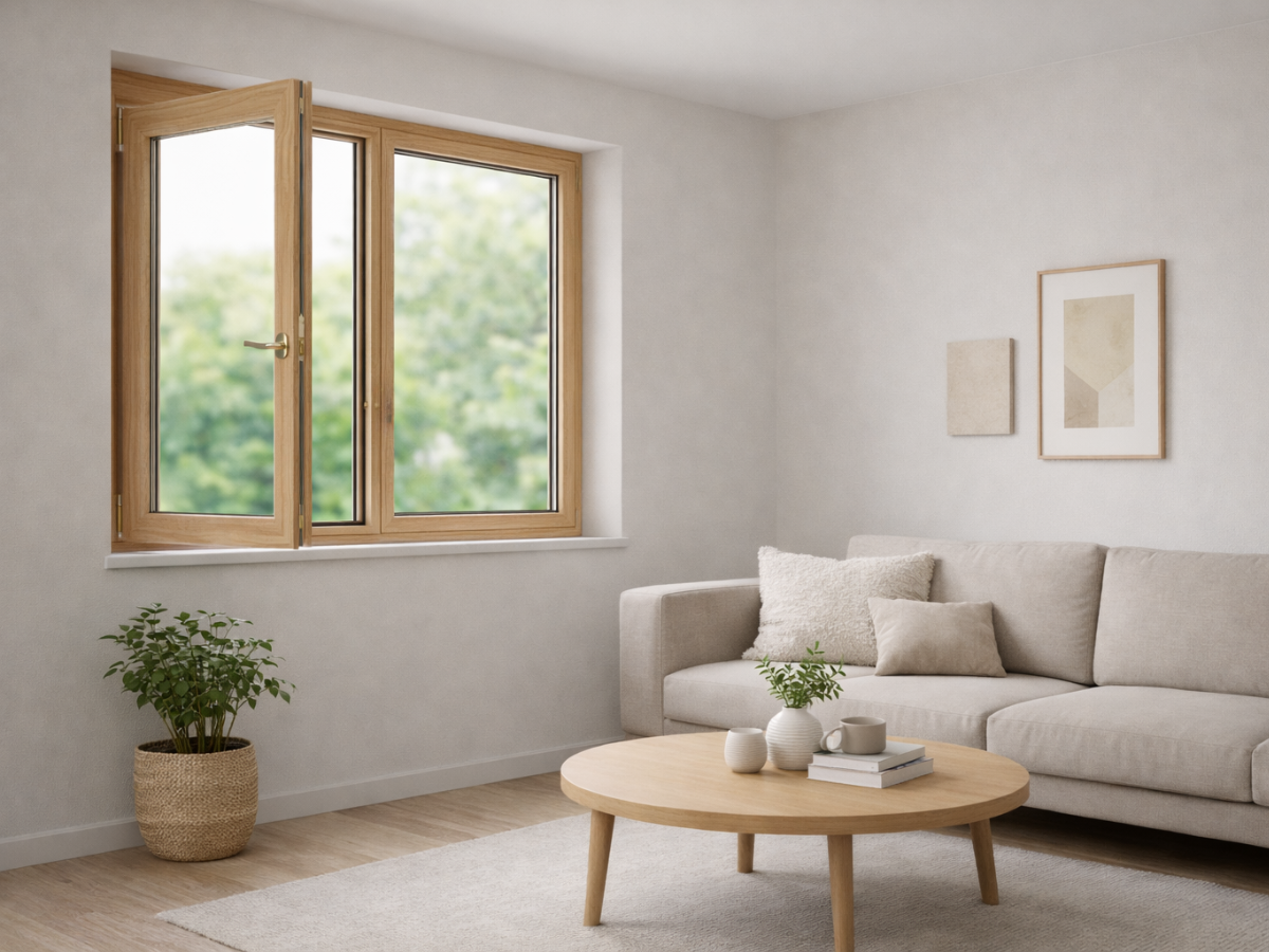 Holzfenster in hellem Holz mit geöffnetem Flügel, goldener Griff und großer Verglasung im modernen Wohnzimmer