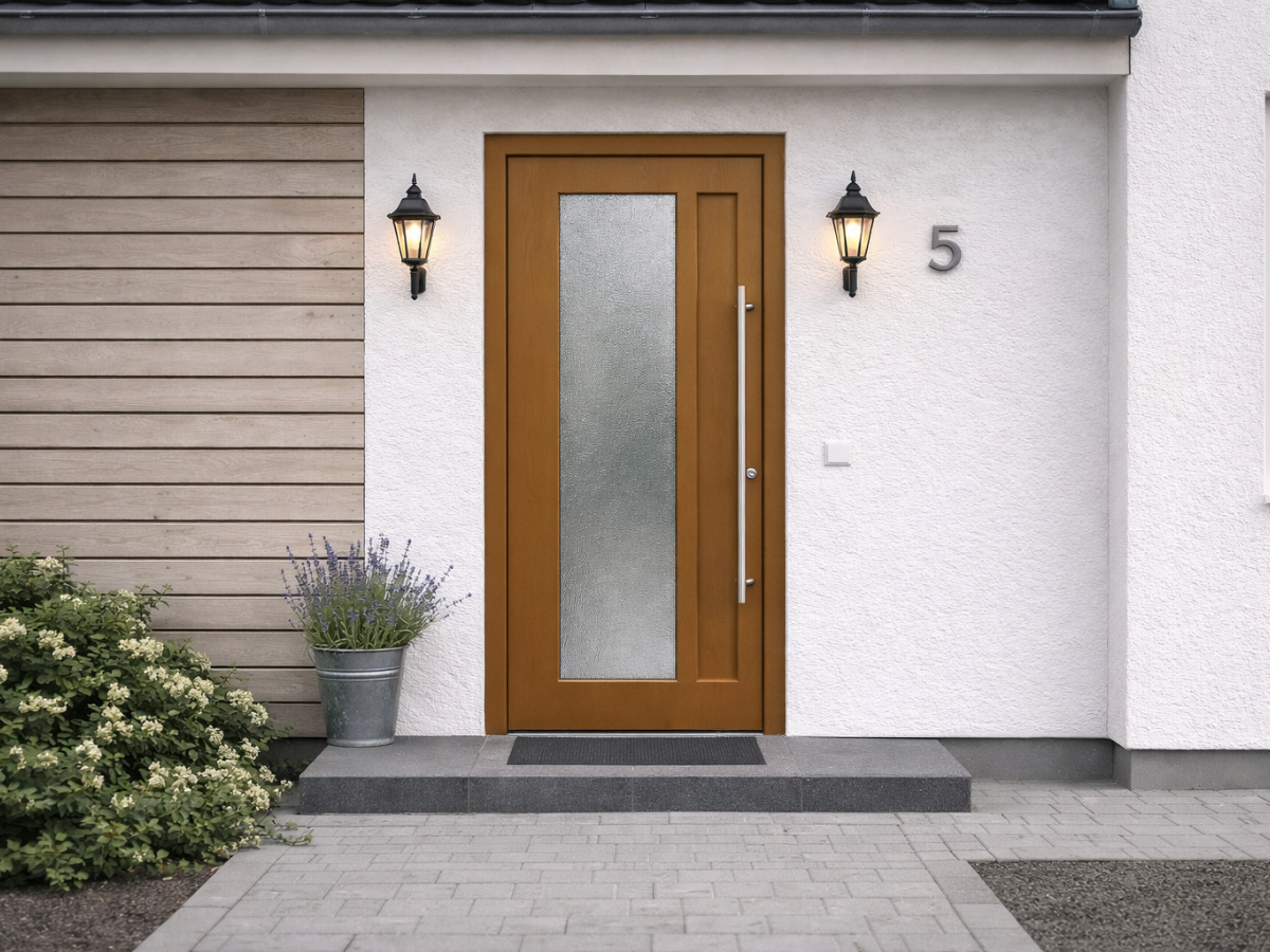 Moderne braune Haustür mit großem satiniertem Glaseinsatz, Edelstahlgriff und Eingangsbereich mit Außenlampen, Hausnummer und Pflanzkübel.