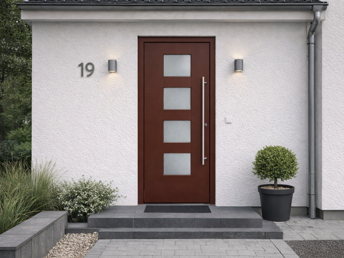 Moderne braune Haustür mit vier quadratischen satinierten Glaseinsätzen, Edelstahlgriff und Eingangsbereich mit Außenlampen, Hausnummer und Pflanzkübel.