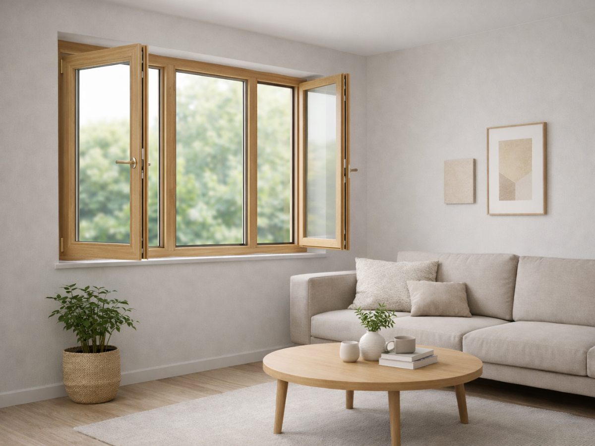 Holzfenster in hellbraunem Holzrahmen mit großflächiger Verglasung und zwei geöffneten Flügeln im Wohnzimmer