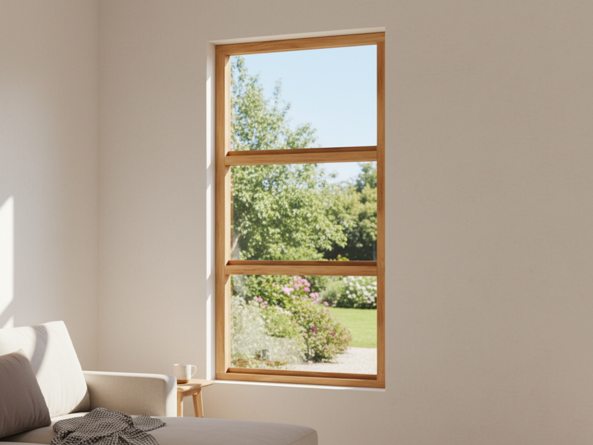 Dreiteilig festverglastes Holzfenster mit vertikaler Teilung im wohnzimmer