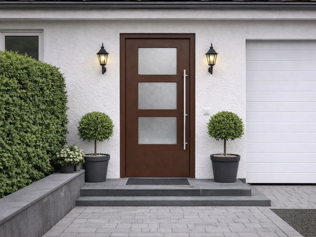 Moderne braune Haustür mit drei satinierten Glaseinsätzen, Edelstahlgriff und Eingangsbereich mit Außenlampen, Stufen und Pflanzkübeln.