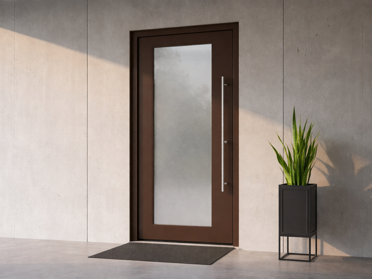 Moderne braune Haustür mit großem satiniertem Glaseinsatz, Edelstahlgriff und Betonwand im minimalistischen Eingangsbereich mit Pflanze.