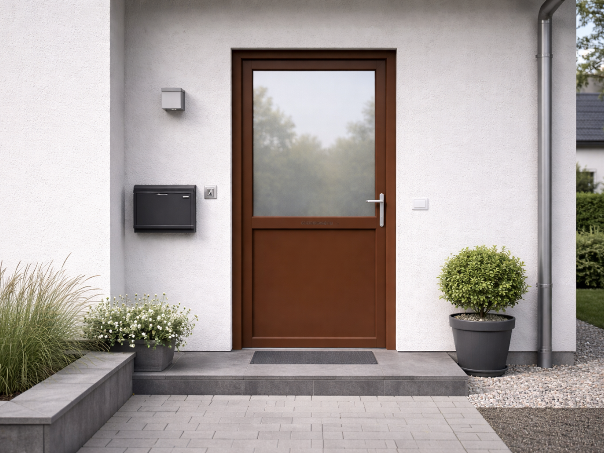 Moderne braune Haustür mit großem satiniertem Glaseinsatz, Briefkasten und Eingangsbereich mit Pflanzkübeln und Gartenweg.