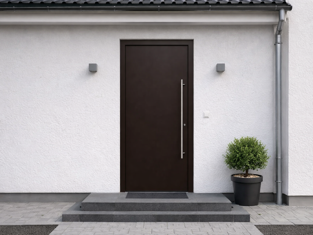Moderne braune Haustür ohne Glaseinsatz mit Edelstahlgriff und minimalistischem Eingangsbereich mit Stufen und Pflanzkübel.