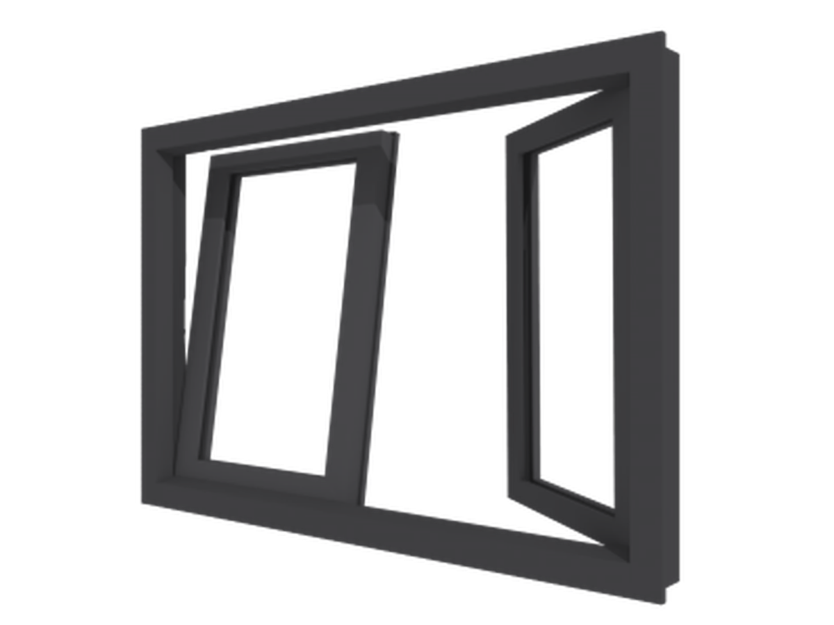 Nach innen öffnendes Dreh-Kipp-Stulpfenster ohne Mittelpfosten mit zwei Flügeln für maximale Öffnungsbreite und modernes Design