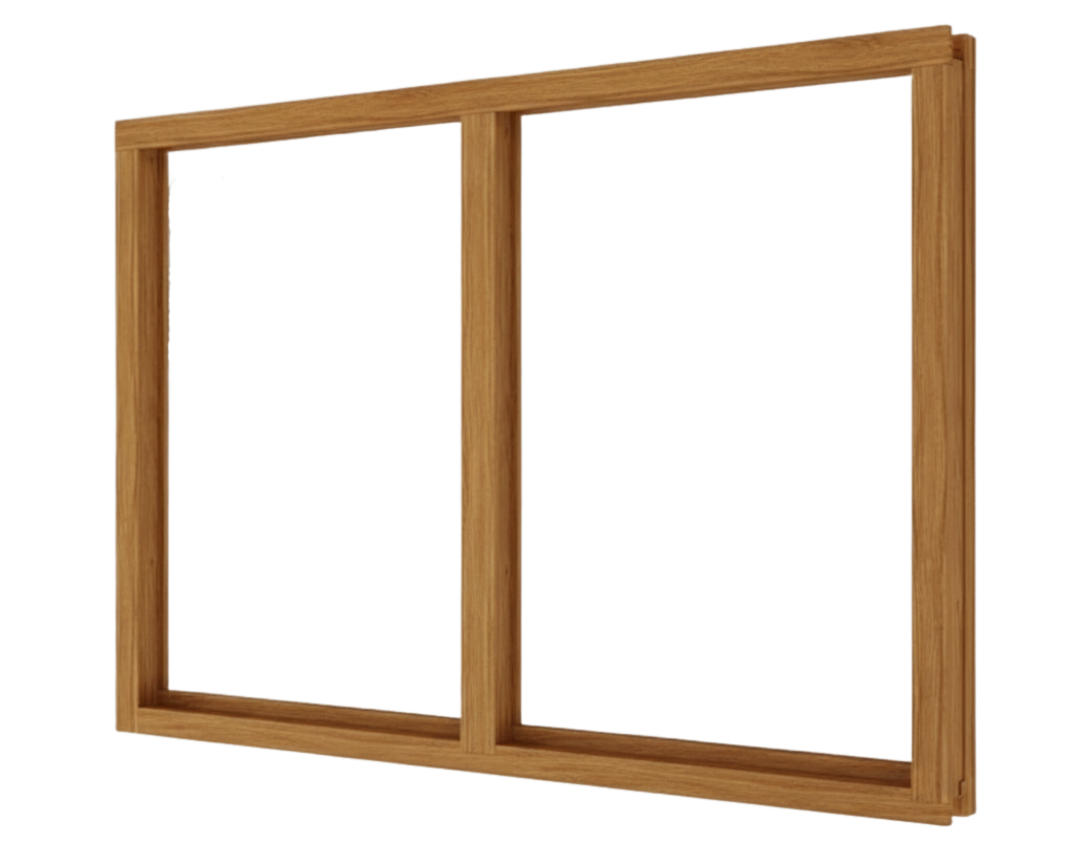 Holzfenster braun Holzrahmen, zweigeteilter naturfarbener Rahmen mit mittigem Pfosten, ohne Glas