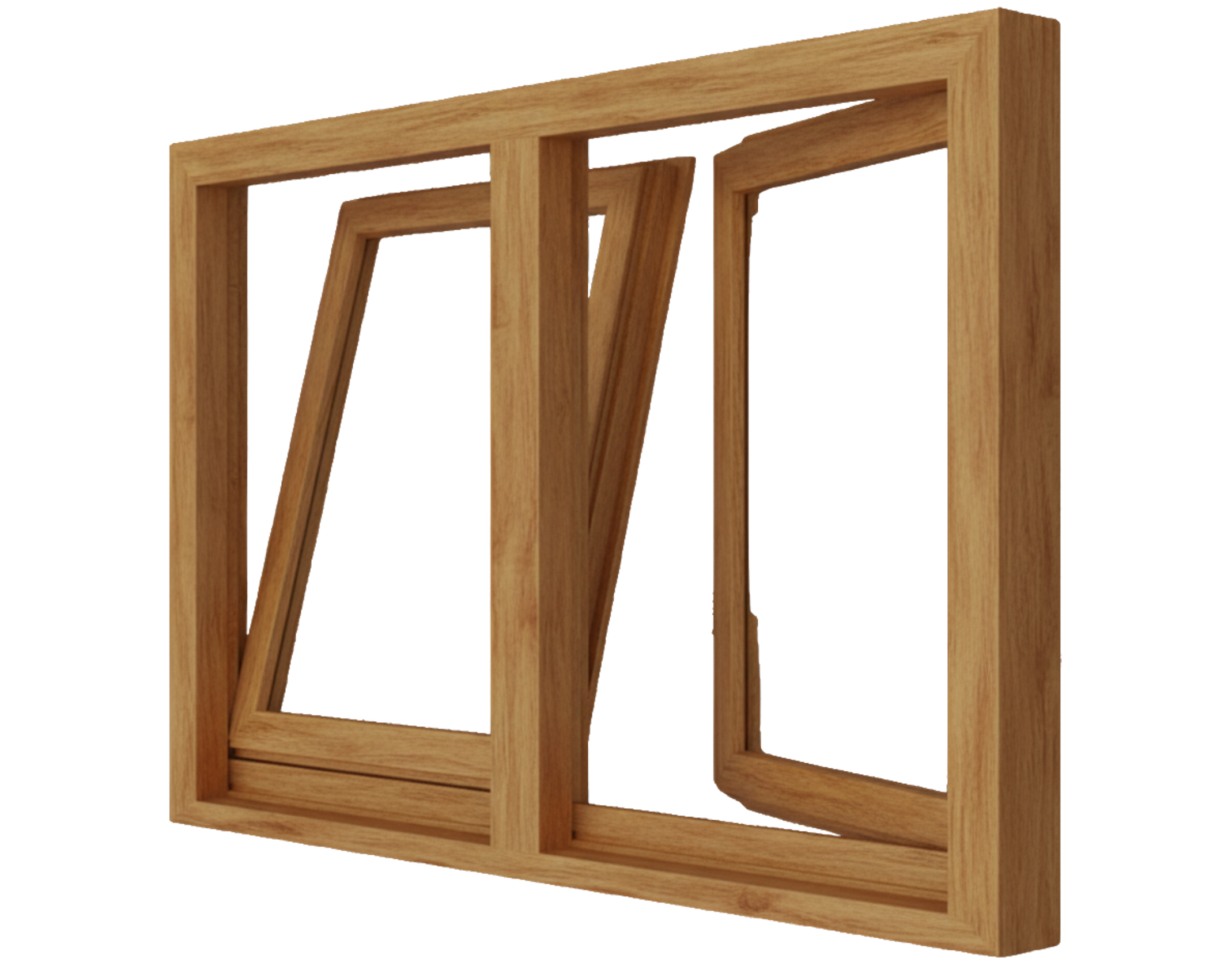 Holzfenster hellbraun Holz mit zwei geöffneten Flügeln, Kippfunktion und sichtbarer Holzmaserung